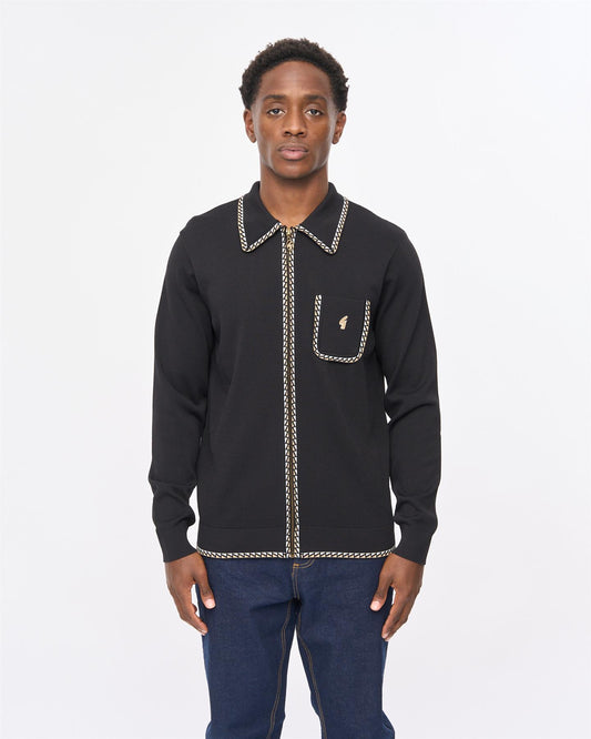 V57GM25 Mens Nick Long Sleeve Zip Thru Knit Polo Gabicci Vintage - BLACK