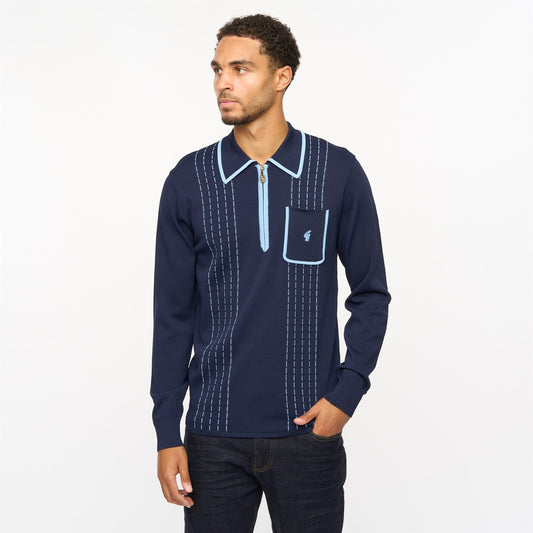 V55GM25 Mens Darron Long Sleeve Archive Knitted Zip Neck Polo Gabicci Vintage - NAVY