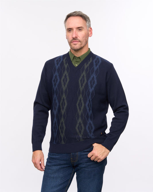 G57M02 Mens Pattern Front Knit V Neck Sweater Gabicci Heritage - NAVY