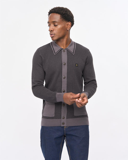 V57GM16 Mens Noel Long Sleeve Button Thru Knit Polo Gabicci Vintage - CHARCOAL