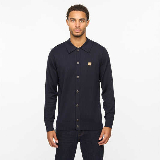V55GK16 Mens Azima Long Sleeve Plain Knitted Button-Thru Polo Gabicci Vintage - NAVY