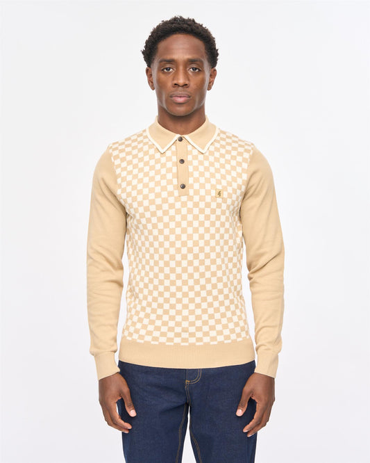 V57GM08 Mens Danson Long Sleeve Knit Polo Gabicci Vintage - CARAMEL