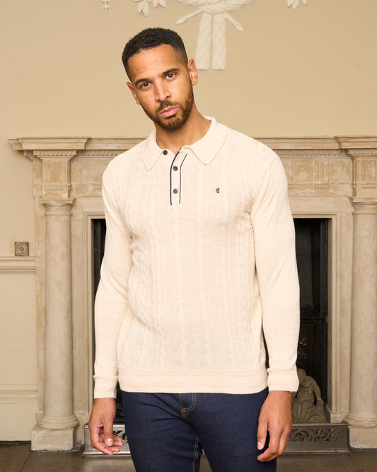 G57K24 Mens Long Sleeve Cable Front Marino Knit Polo Gabicci Heritage - PARCHMENT