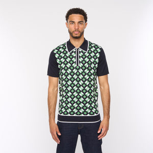 V54GM07 Mens Ted Short Sleeve Pattern Knitted Polo Gabicci Vintage - NAVY