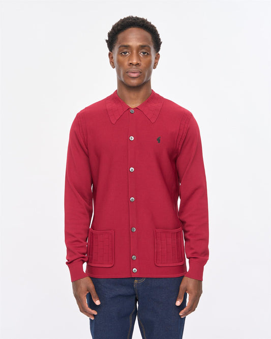 V57GM27 Mens Eddie Long Sleeve Button Thru Knit Polo Gabicci Vintage - CLARET
