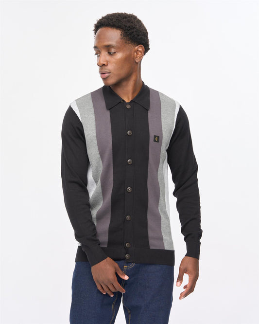 V57GM12 Mens Pedro Long Sleeve Button Thru Knit Polo Gabicci Vintage - BLACK