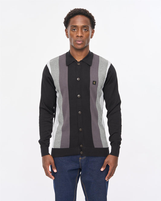 V57GM12 Mens Pedro Long Sleeve Button Thru Knit Polo Gabicci Vintage - BLACK