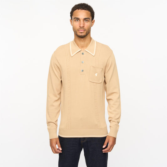 V55GM24 Mens Ned Long Sleeve Archive Knitted Three Button Polo Gabicci Vintage - NUTMEG