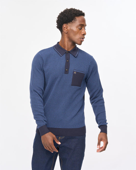 V57GM10 Mens Harry Long Sleeve Knit Polo Gabicci Vintage - NAVY