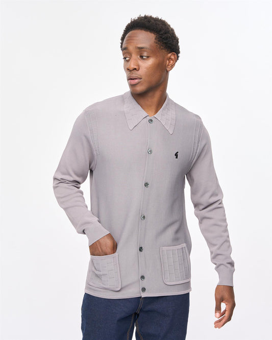 V57GM27 Mens Eddie Long Sleeve Button Thru Knit Polo Gabicci Vintage - CHARCOAL