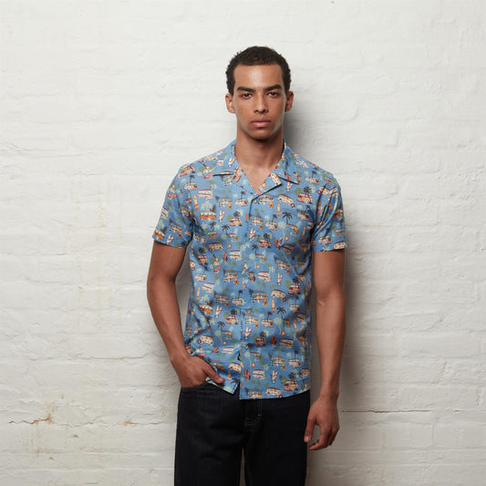V56GW08 Mens Camper Short Sleeve Cuban Collar Print Shirt Gabicci Vintage - SURF