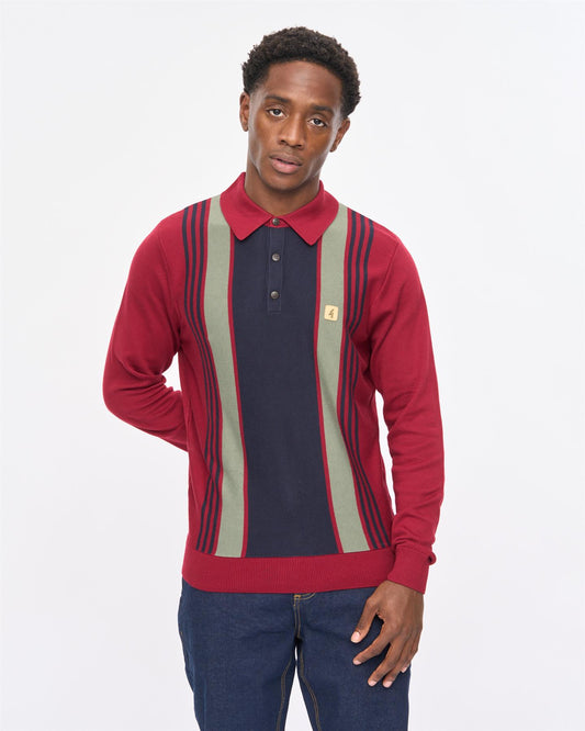 V57GM00 Mens Searle Long Sleeve Knit Polo Gabicci Vintage - CLARET