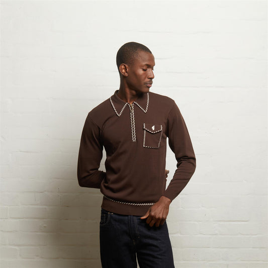 V55GM23 Mens Kiki Long Sleeve Archive Knitted Zip Neck Polo Gabicci Vintage - CLOVE