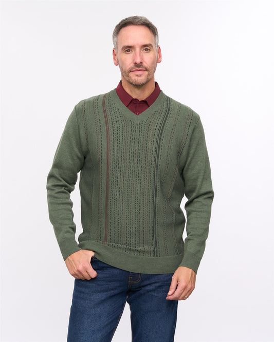G57M04 Mens Pattern Front Knit V Neck Sweater Gabicci Heritage - KHAKI