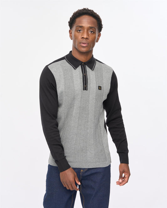 V57GM07 Mens Campbell Long Sleeve Knit Polo Gabicci Vintage - BLACK