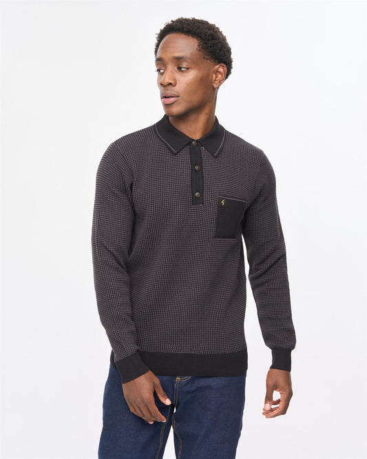 V57GM10 Mens Harry Long Sleeve Knit Polo Gabicci Vintage - BLACK