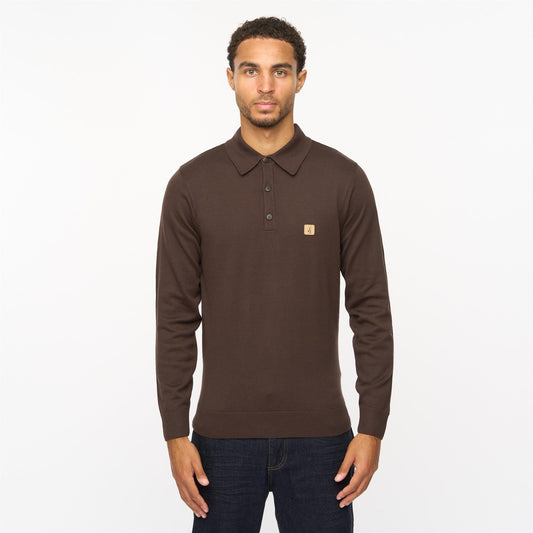 V55GK08 Mens Francesco Long Sleeve Plain Knitted Three Button Polo Gabicci Vintage - CLOVE