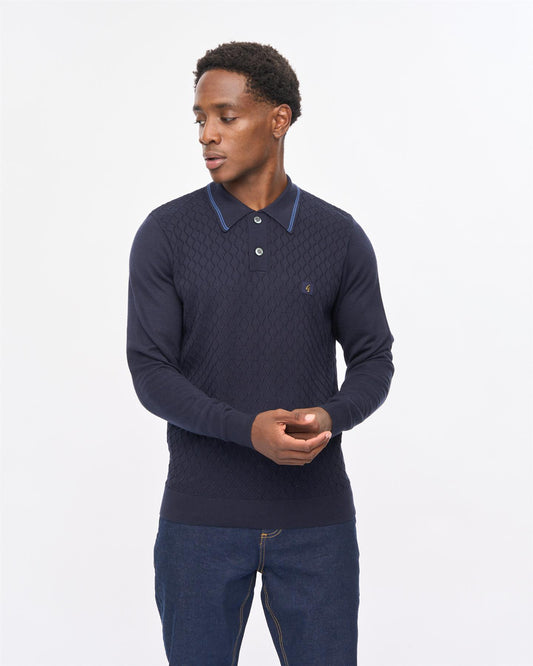 V57GM05 Mens Cambridge Long Sleeve Knit Polo Gabicci Vintage - NAVY