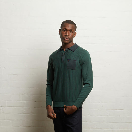 V55GM11 Mens Hamley Long Sleeve Knitted Three Button Polo Gabicci Vintage - IVY
