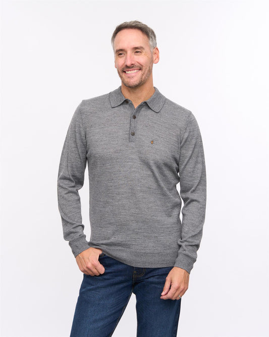 G57K20 Mens Long Sleeve Plain Merino Knit Polo Gabicci Heritage - CHARCOAL
