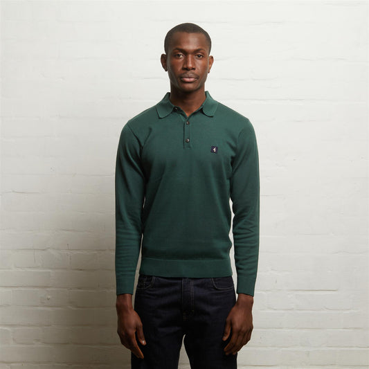 V55GK08 Mens Francesco Long Sleeve Plain Knitted Three Button Polo Gabicci Vintage - IVY