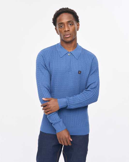 V57GM01 Mens Milton Long Sleeve Cable Knit Polo Gabicci Vintage - AIRFORCE