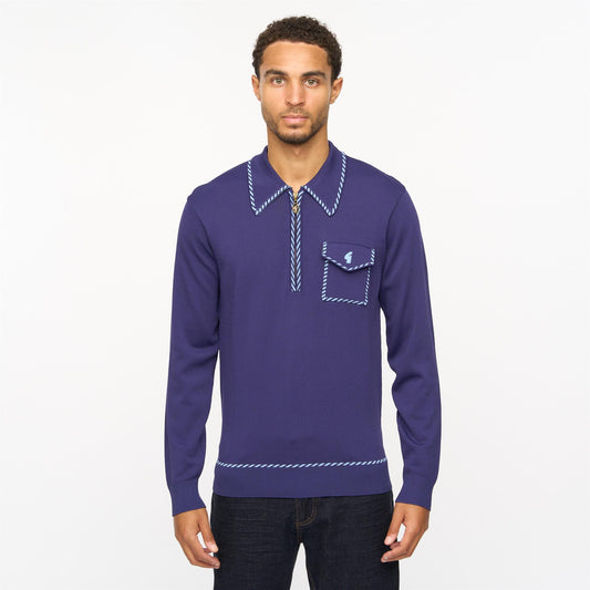 V55GM23 Mens Kiki Long Sleeve Archive Knitted Zip Neck Polo Gabicci Vintage - ATLANTIC