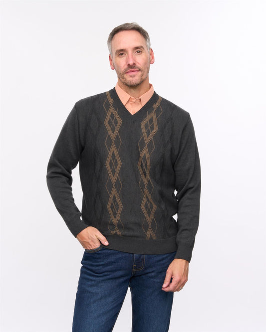 G57M02 Mens Pattern Front Knit V Neck Sweater Gabicci Heritage - CHARCOAL