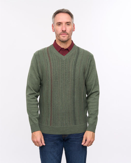 G57M04 Mens Pattern Front Knit V Neck Sweater Gabicci Heritage - KHAKI