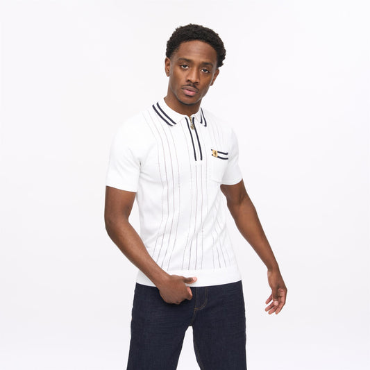 V56GM06 Mens Johnson Short Sleeve Zip Neck Knit Polo Gabicci Vintage - WHITE