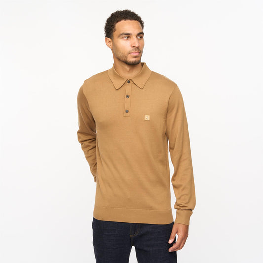 V55GK08 Mens Francesco Long Sleeve Plain Knitted Three Button Polo Gabicci Vintage - NUTMEG