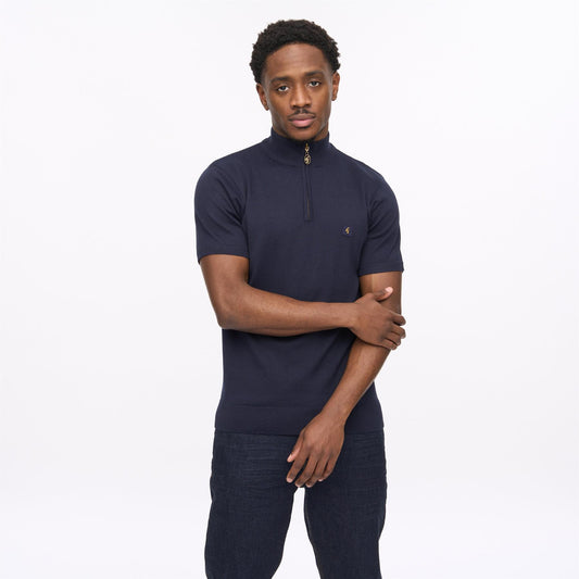 V56GK18 Mens Lasso Short Sleeve Plain Knit Quarter Zip Gabicci Vintage - NAVY