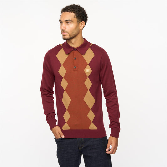 V55GM02 Mens Bond Long Sleeve Knitted Three Button Polo Gabicci Vintage - MULBERRY