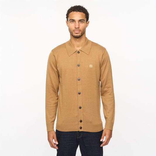 V55GK16 Mens Azima Long Sleeve Plain Knitted Button-Thru Polo Gabicci Vintage - NUTMEG