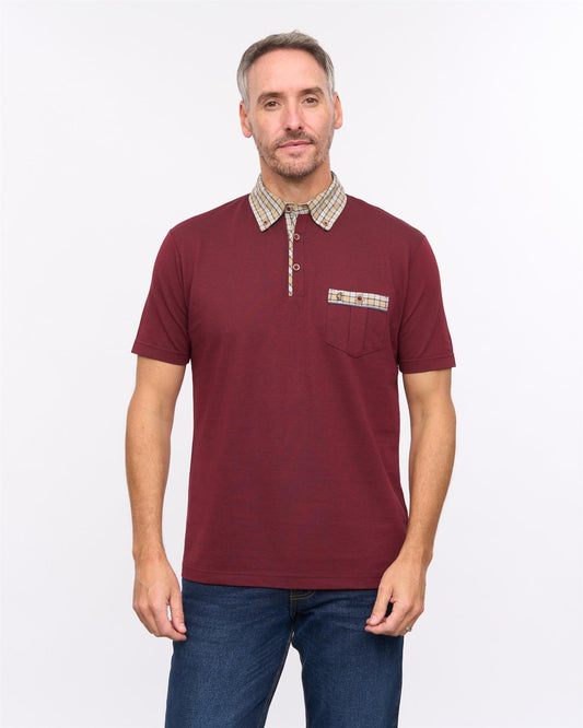 G57X09 Mens Short Sleeve Oxford Jersey Woven Trim Polo Gabicci Heritage - CLARET