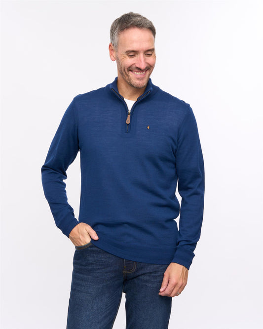 G57K21 Mens Long Sleeve Plain Merino Knit Quarter Zip Polo Gabicci Heritage - NAVY
