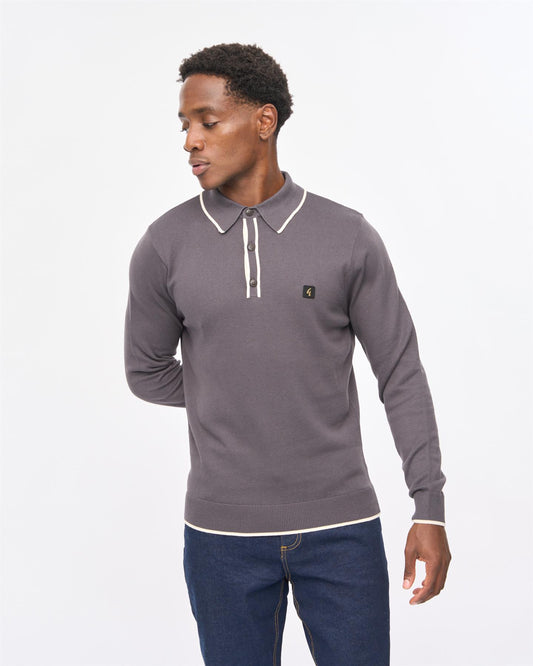 V57GM09 Mens Linekar Long Sleeve Knit Polo Gabicci Vintage - CHARCOAL