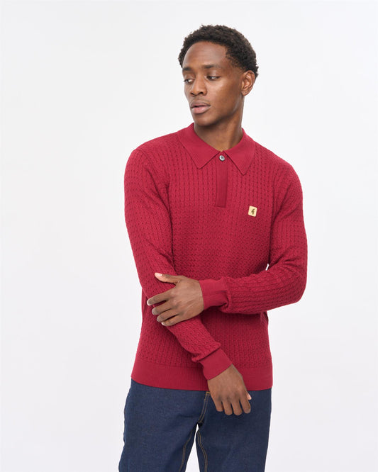 V57GM01 Mens Milton Long Sleeve Cable Knit Polo Gabicci Vintage - CLARET