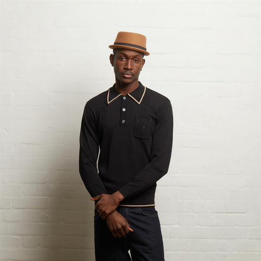 V55GM24 Mens Ned Long Sleeve Archive Knitted Three Button Polo Gabicci Vintage - BLACK
