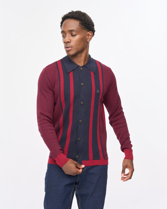 V57GM17 Mens Pascal Long Sleeve Button Thru Knit Polo Gabicci Vintage - CLARET