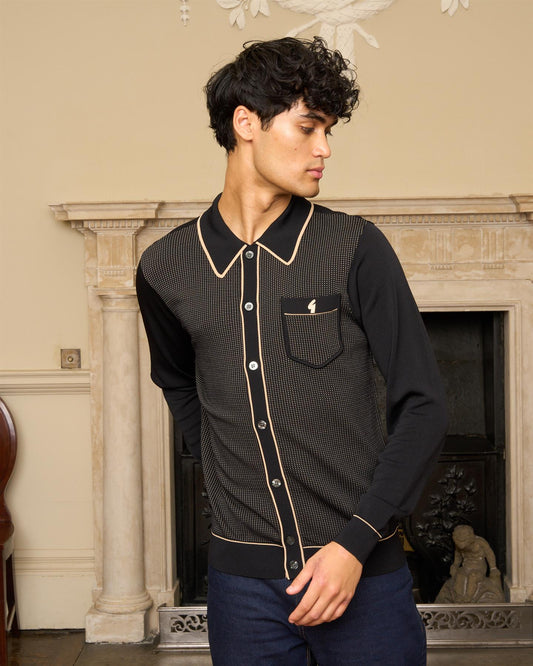 V57GM24 Mens Di-Lello Long Sleeve Button Thru Knit Polo Gabicci Vintage - BLACK