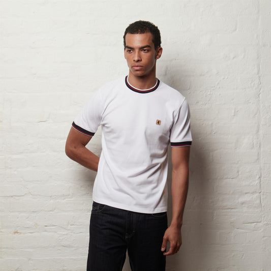 V56GX06 Mens Perry Short Sleeve Pique Ringer Crew Tee Gabicci Vintage - WHITE