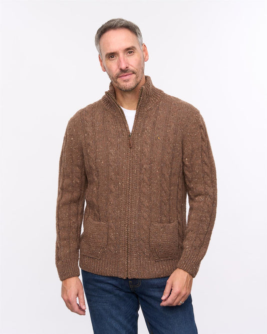 G57M22 Mens Chunky Cable Knit Zip Thru Cardigan Gabicci Heritage - CAMEL