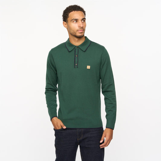 V55GM09 Mens Lineker Long Sleeve Knitted Three Button Polo Gabicci Vintage - IVY