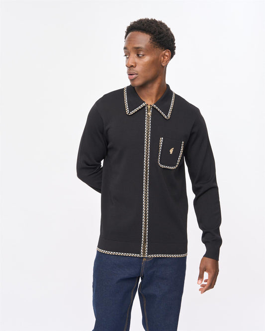 V57GM25 Mens Nick Long Sleeve Zip Thru Knit Polo Gabicci Vintage - BLACK