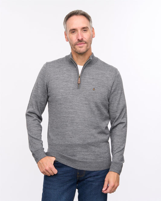 G57K21 Mens Long Sleeve Plain Merino Knit Quarter Zip Polo Gabicci Heritage - CHARCOAL
