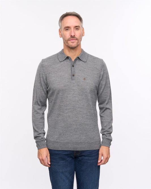 G57K20 Mens Long Sleeve Plain Merino Knit Polo Gabicci Heritage - CHARCOAL