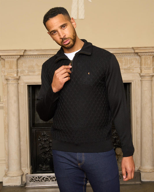 G57M11 Mens Pattern Front Knit Quarter Zip Sweater Gabicci Heritage - BLACK