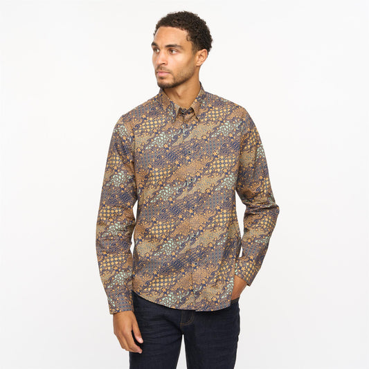 V55GW11 Mens Oliver Long Sleeve Printed Woven Shirt Gabicci Vintage - NAVY