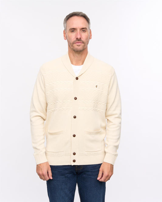 G57M14 Mens Textured Yoke Front Knit Shawl Collar Cardigan Gabicci Heritage - CREAM